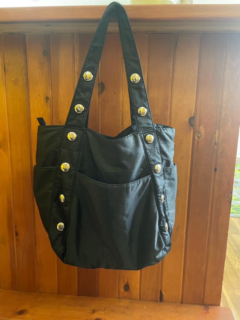 Black Quilted Tote with Gold Button Accents